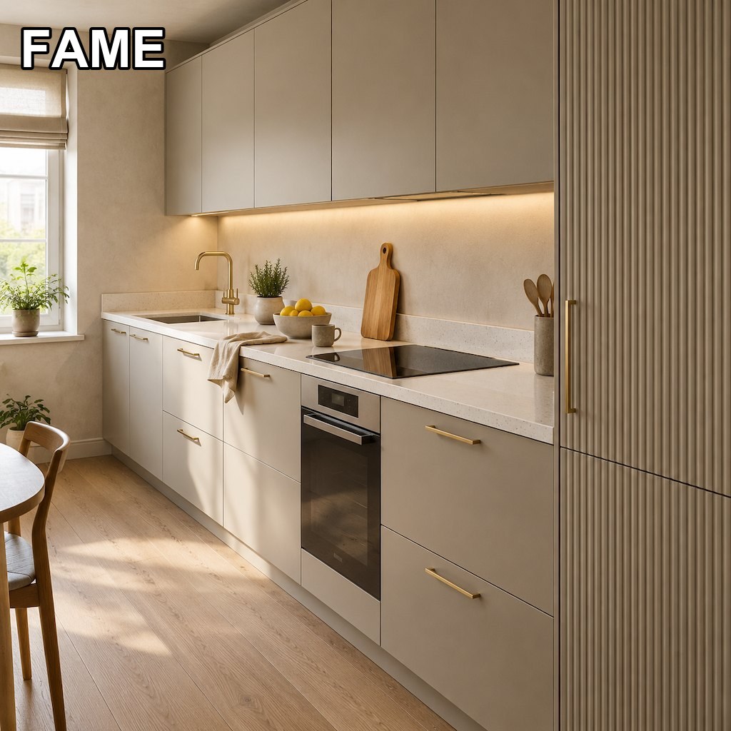 Warm Greige Matte Lacquer Kitchen with Fluted Tall Units and Brass Detail in a real kitchen setting