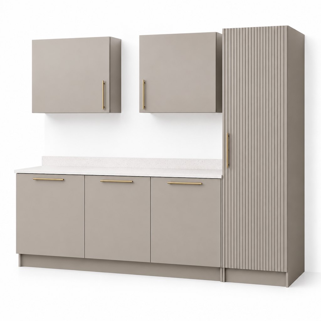 Warm Greige Matte Lacquer Kitchen with Fluted Tall Units and Brass Detail — FAME kitchen cabinet manufacturer