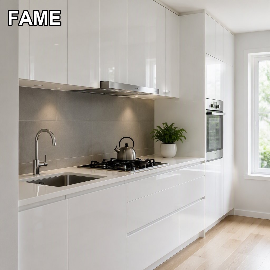 High-Gloss White Modular Kitchen — Piano-Grade Lacquer in a real kitchen setting