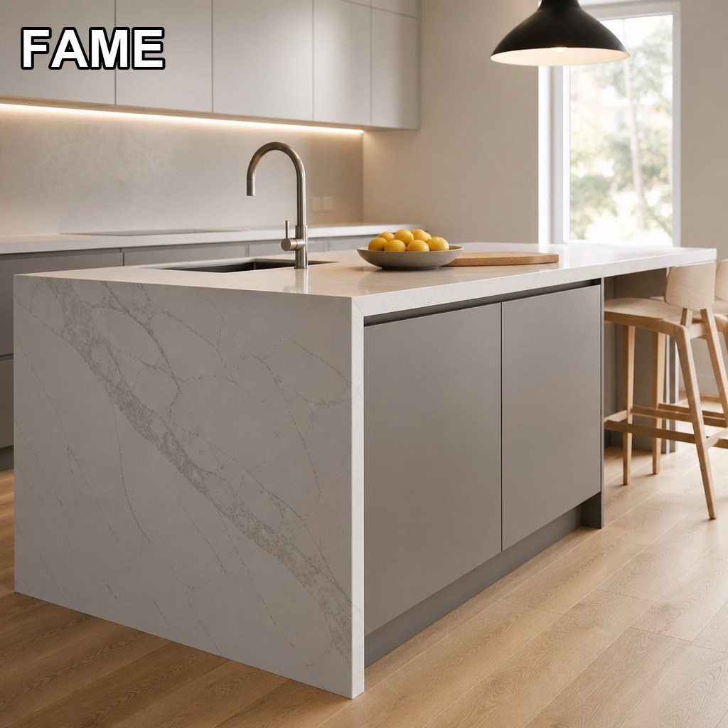 Kitchen Island with Breakfast Bar — Waterfall Quartz, Handleless Base in a real kitchen setting