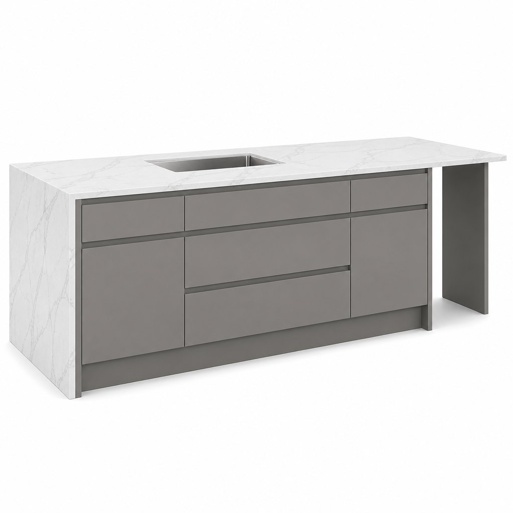 Kitchen Island with Breakfast Bar — Waterfall Quartz, Handleless Base — FAME kitchen cabinet manufacturer
