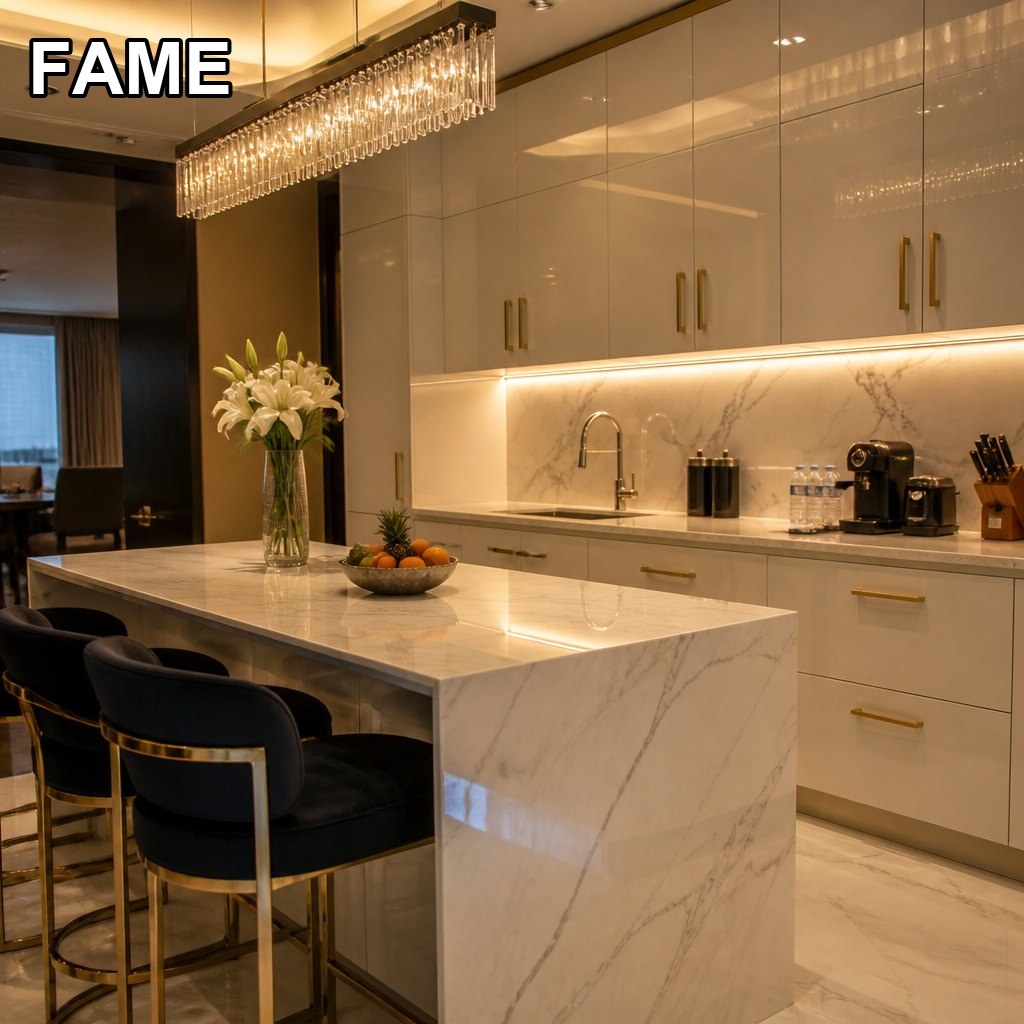 High-Gloss Lacquer Modular Kitchen — Cream + Gold in a real bathroom setting