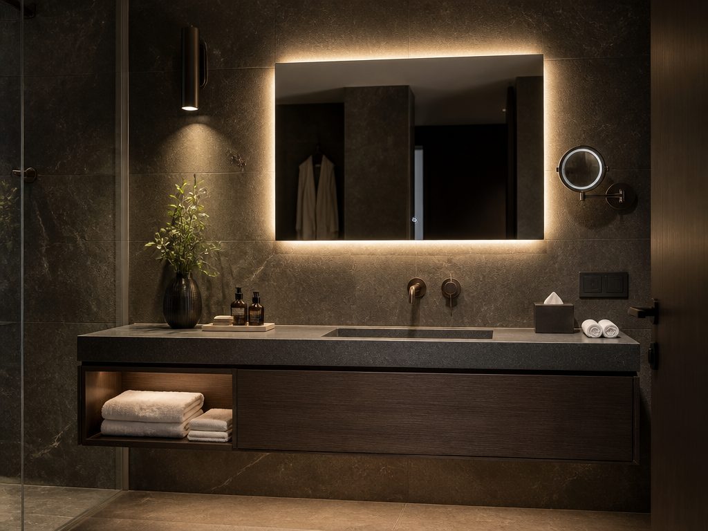 Modern Wall-Mounted Vanity Set — LED Mirror + Sintered Stone Top in a real bathroom setting