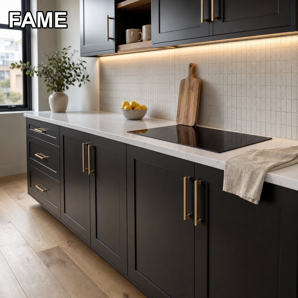 Matte Black Slim-Shaker Kitchen Cabinets with Brushed Brass Hardware in a real kitchen setting