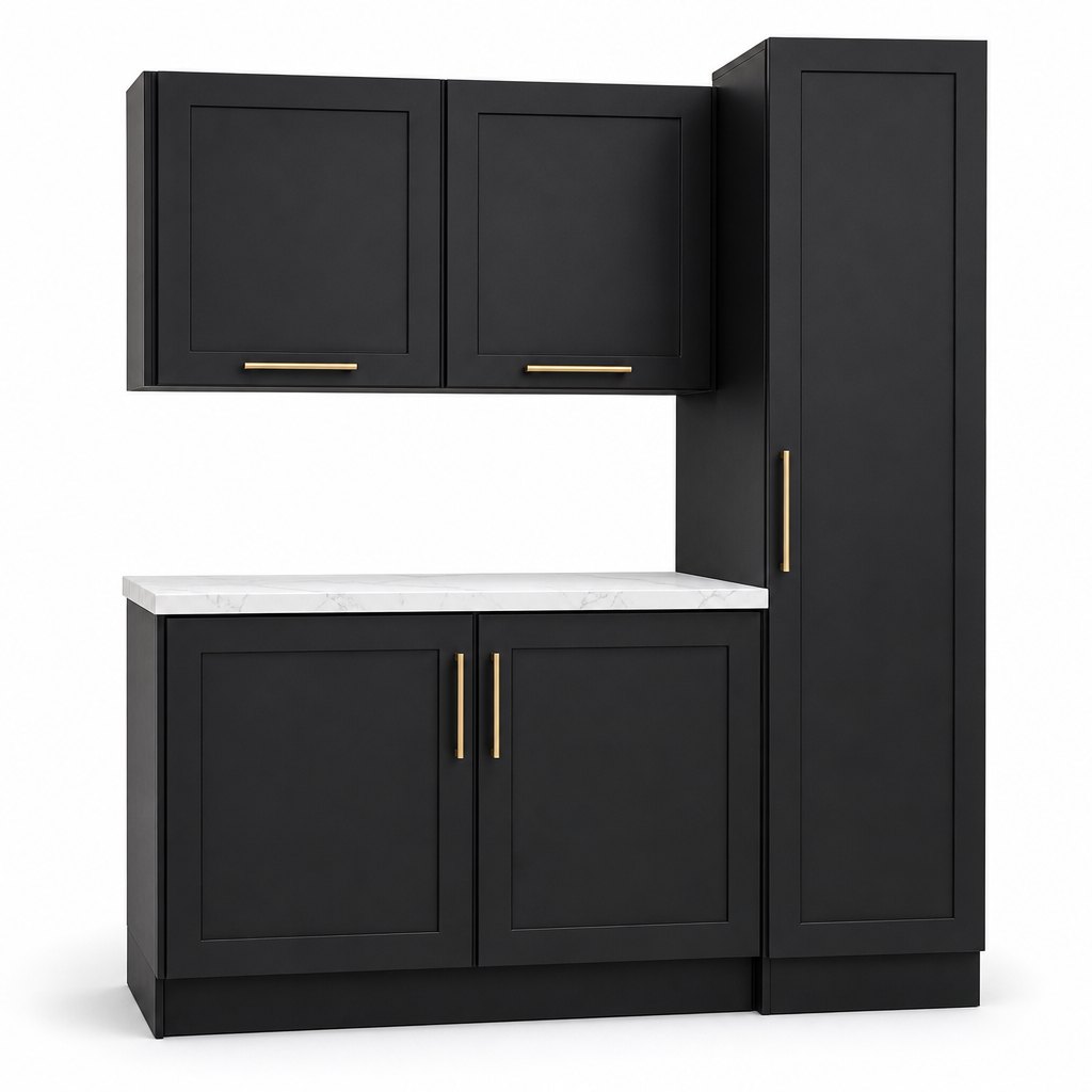 Matte Black Slim-Shaker Kitchen Cabinets with Brushed Brass Hardware — FAME kitchen cabinet manufacturer