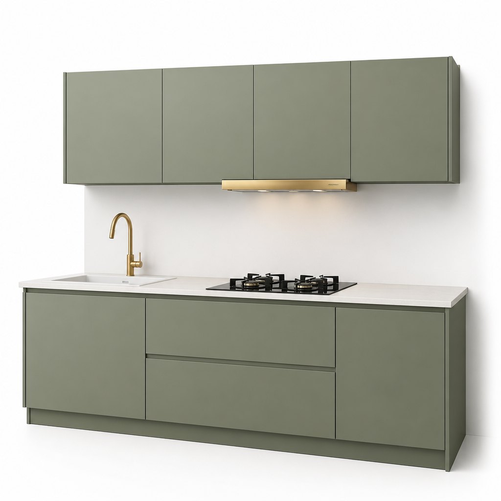 Matte Sage Green Kitchen — Soft-Touch Finish — FAME kitchen cabinet manufacturer
