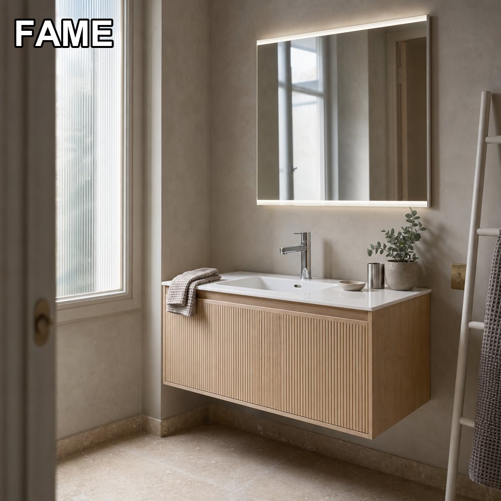 800 mm Light Oak Fluted Wall-Hung Vanity — Integrated Ceramic Basin in a real bathroom setting