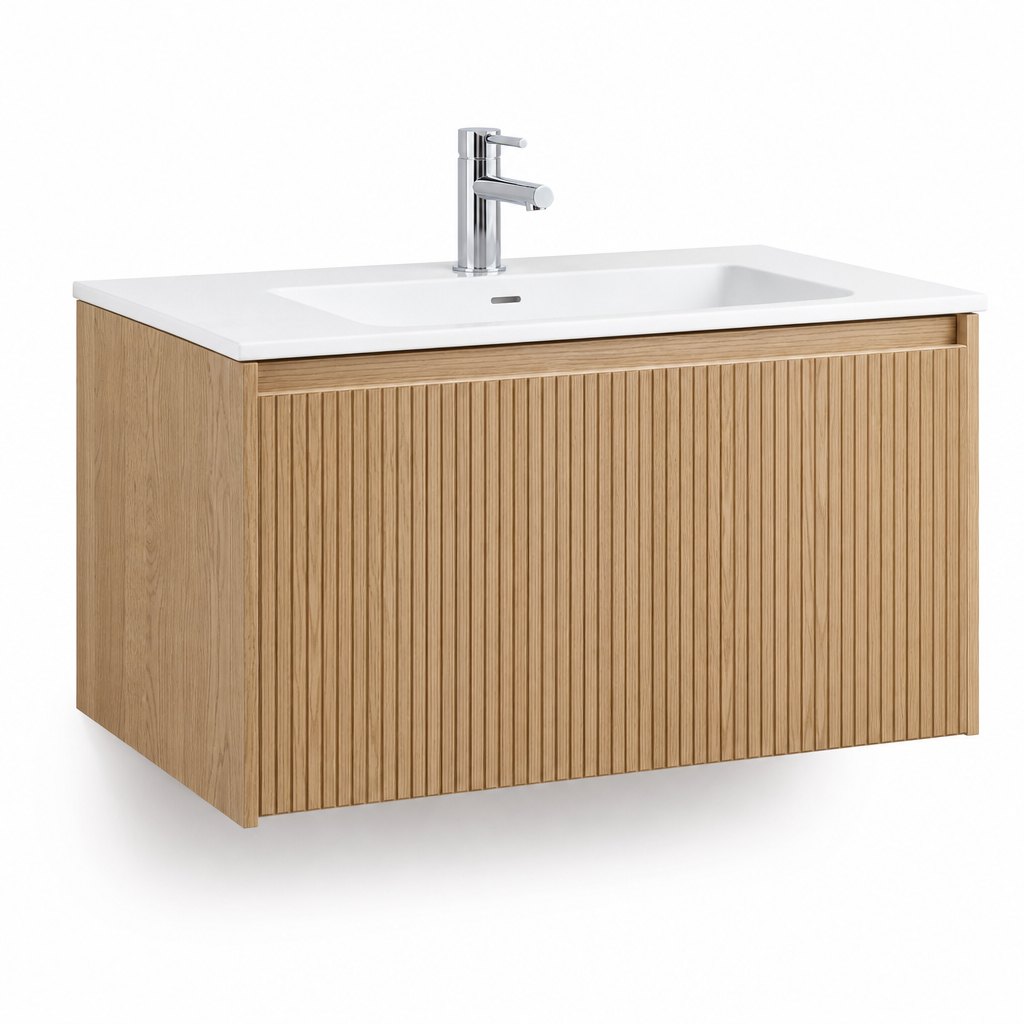 800 mm Light Oak Fluted Wall-Hung Vanity — Integrated Ceramic Basin — FAME bathroom cabinet manufacturer