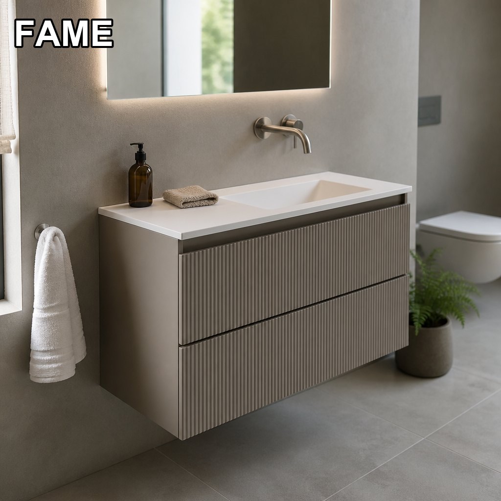 800 mm Greige Fluted Handleless Wall-Hung Vanity — Seamless Sintered-Stone Basin in a real bathroom setting