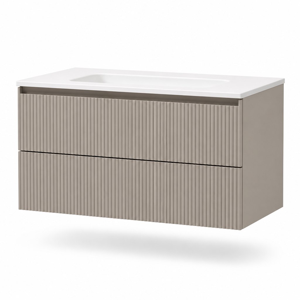 800 mm Greige Fluted Handleless Wall-Hung Vanity — Seamless Sintered-Stone Basin — FAME bathroom cabinet manufacturer