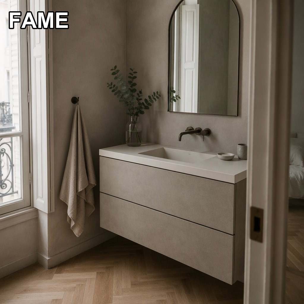 900mm Microcement Vanity — Hand-Trowelled Fronts and a One-Piece Cast Basin in a real bathroom setting