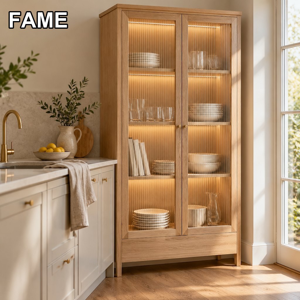 1200 mm White Oak Kitchen Display Cabinet with Reeded Glass and Shelf LED in a real kitchen setting