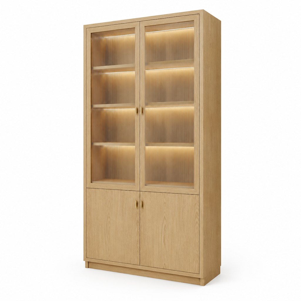 1200 mm White Oak Kitchen Display Cabinet with Reeded Glass and Shelf LED — FAME kitchen cabinet manufacturer