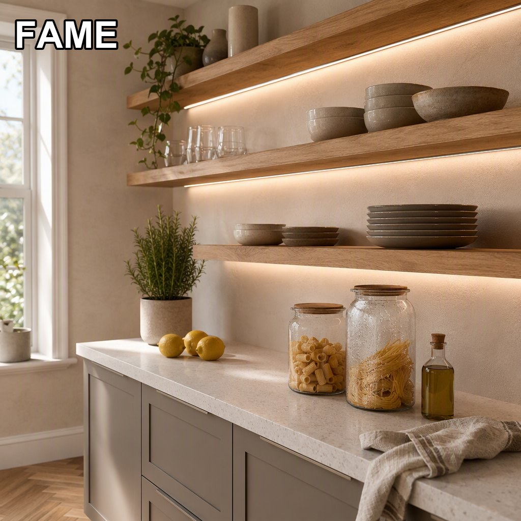 Kitchen Open Shelving with LED — Oak Wall Shelves, Recessed Light Profile in a real kitchen setting