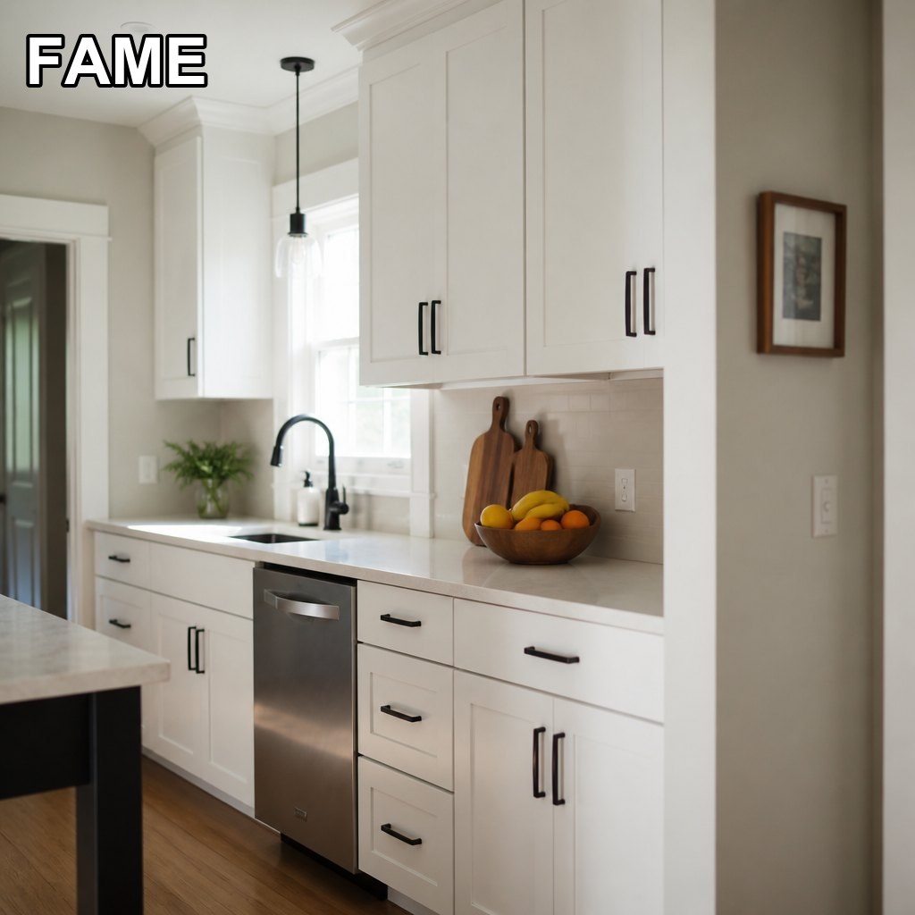 Shaker Style Kitchen Cabinet Set — Quartz Top + Matte Black Hardware in a real bathroom setting