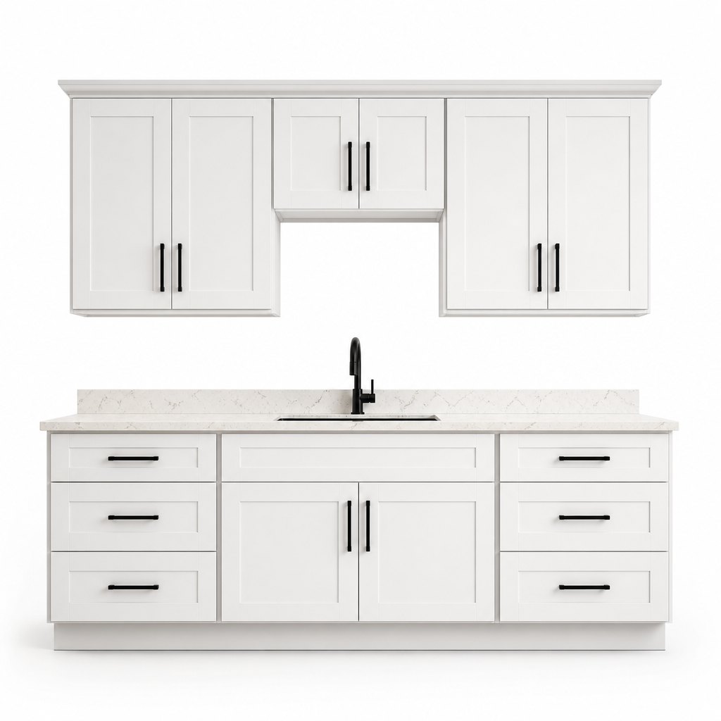 Shaker Style Kitchen Cabinet Set — Quartz Top + Matte Black Hardware — FAME bathroom cabinet manufacturer