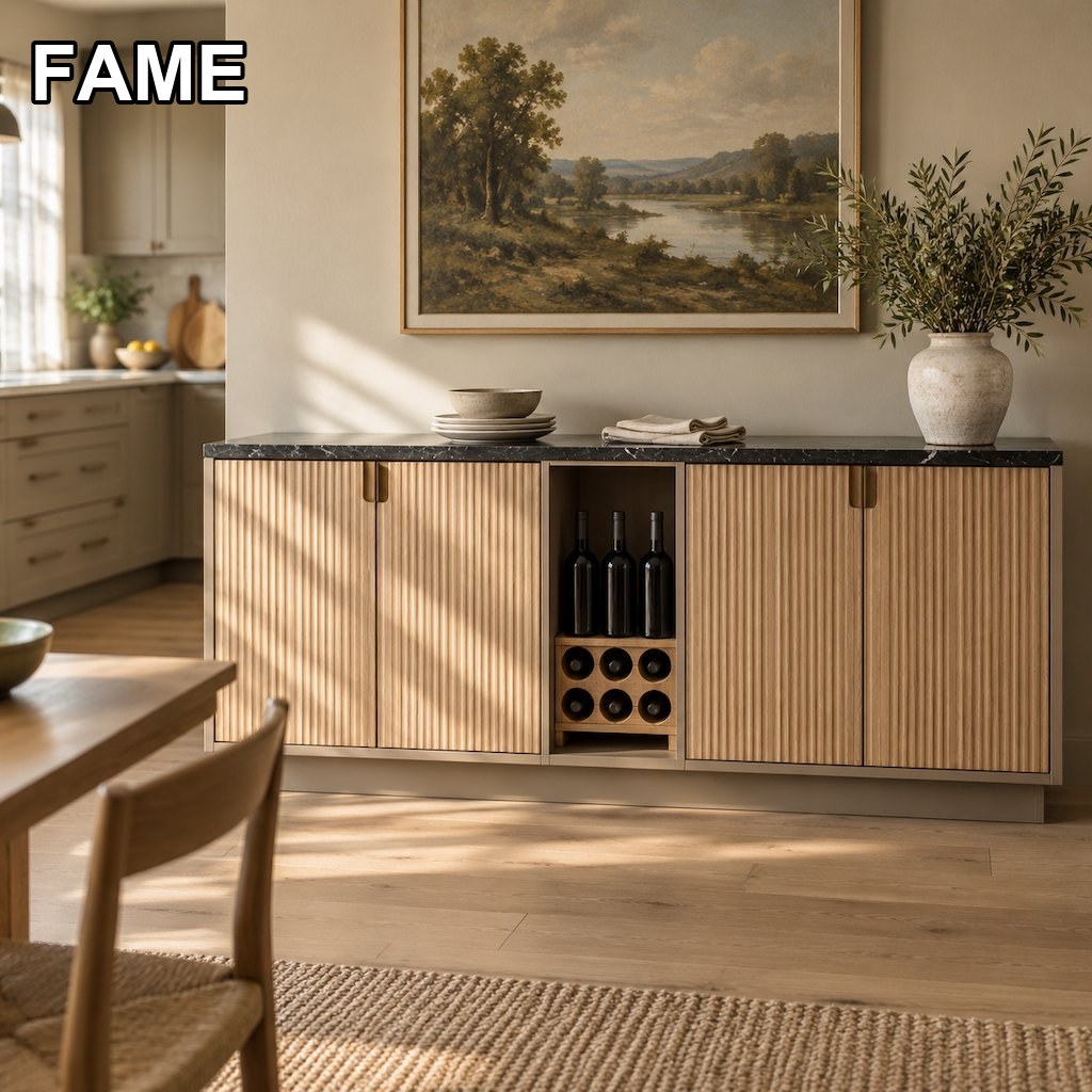 Kitchen Sideboard & Buffet — Reeded Oak Doors, Black Marble Top in a real kitchen setting