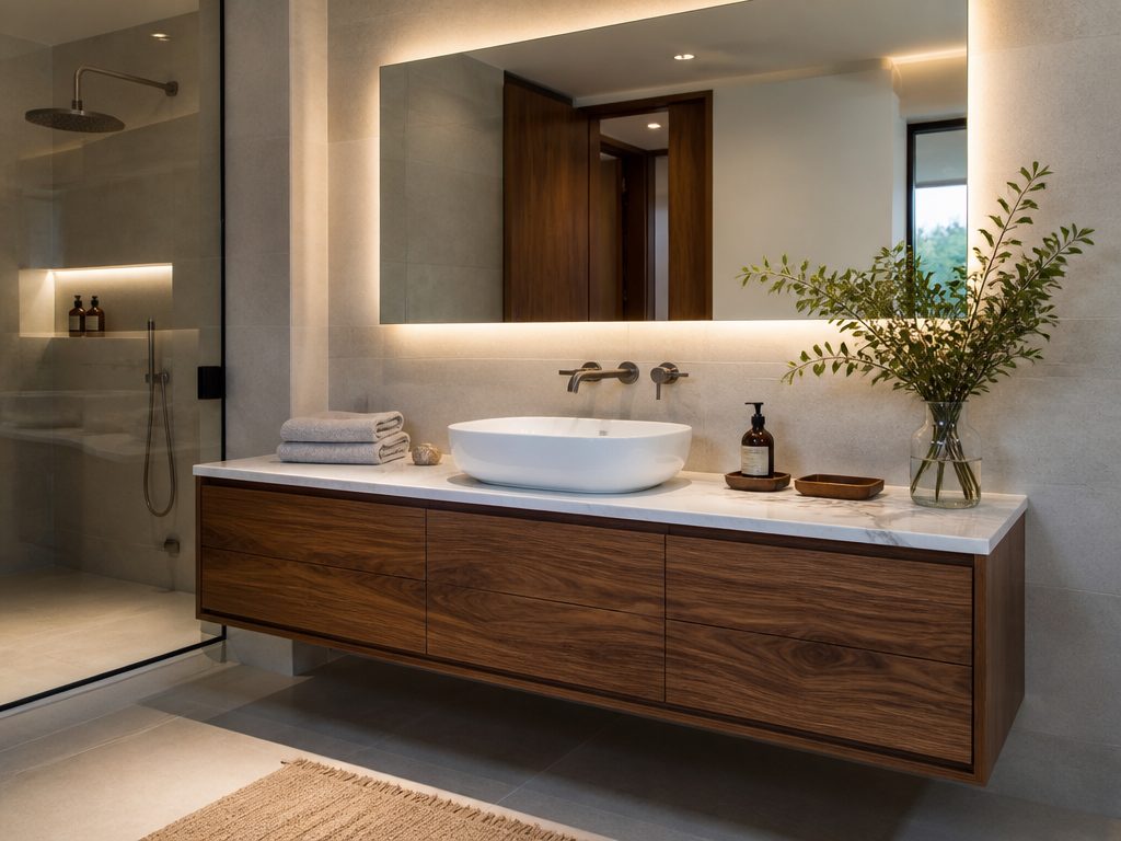 Solid Walnut Wall-Mounted Vanity — Natural Marble Top in a real bathroom setting
