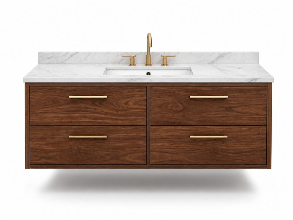 Solid walnut wall-mounted bathroom vanity with marble top