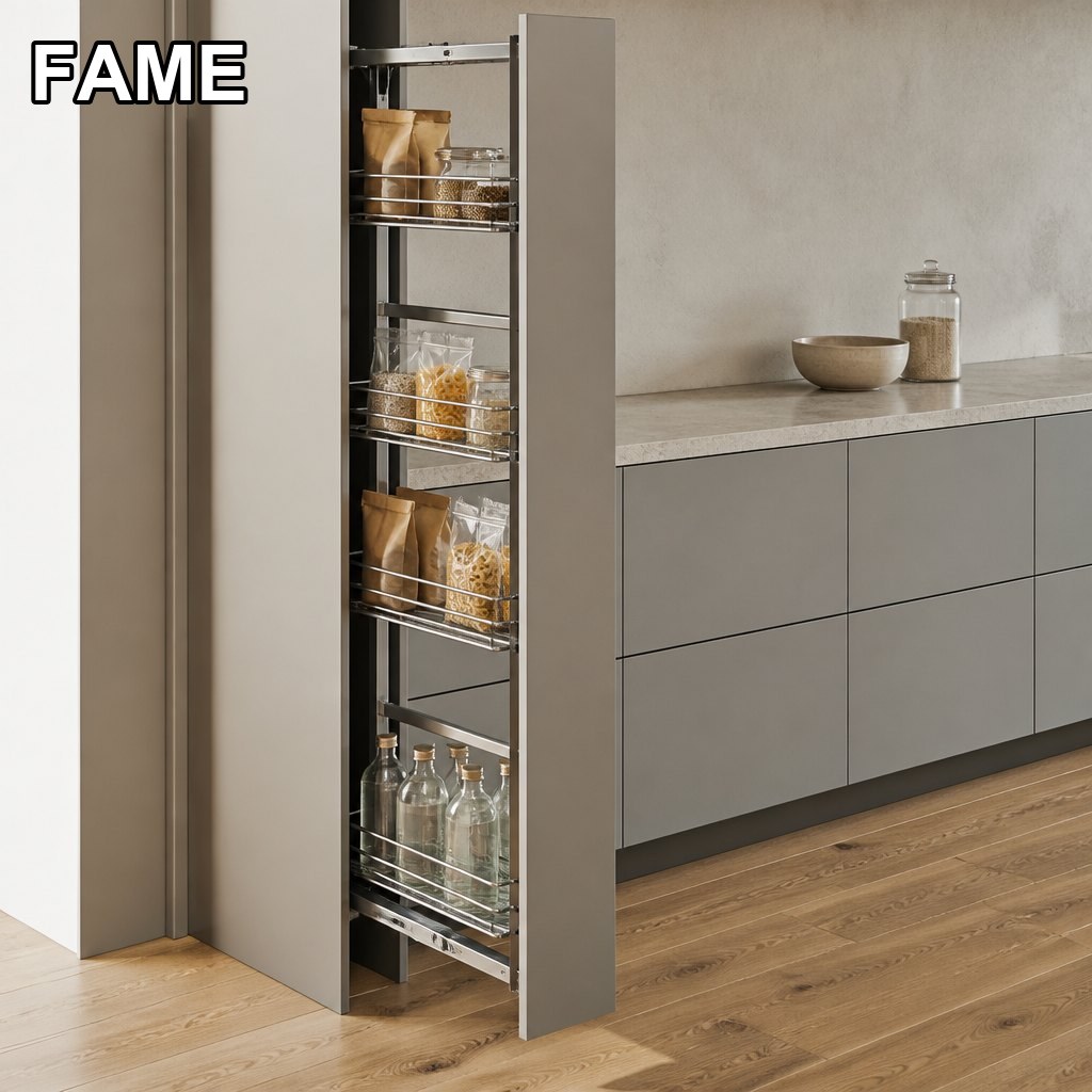 Tall Pull-Out Larder Unit — Narrow Pantry Cabinet with Soft-Close Baskets in a real kitchen setting