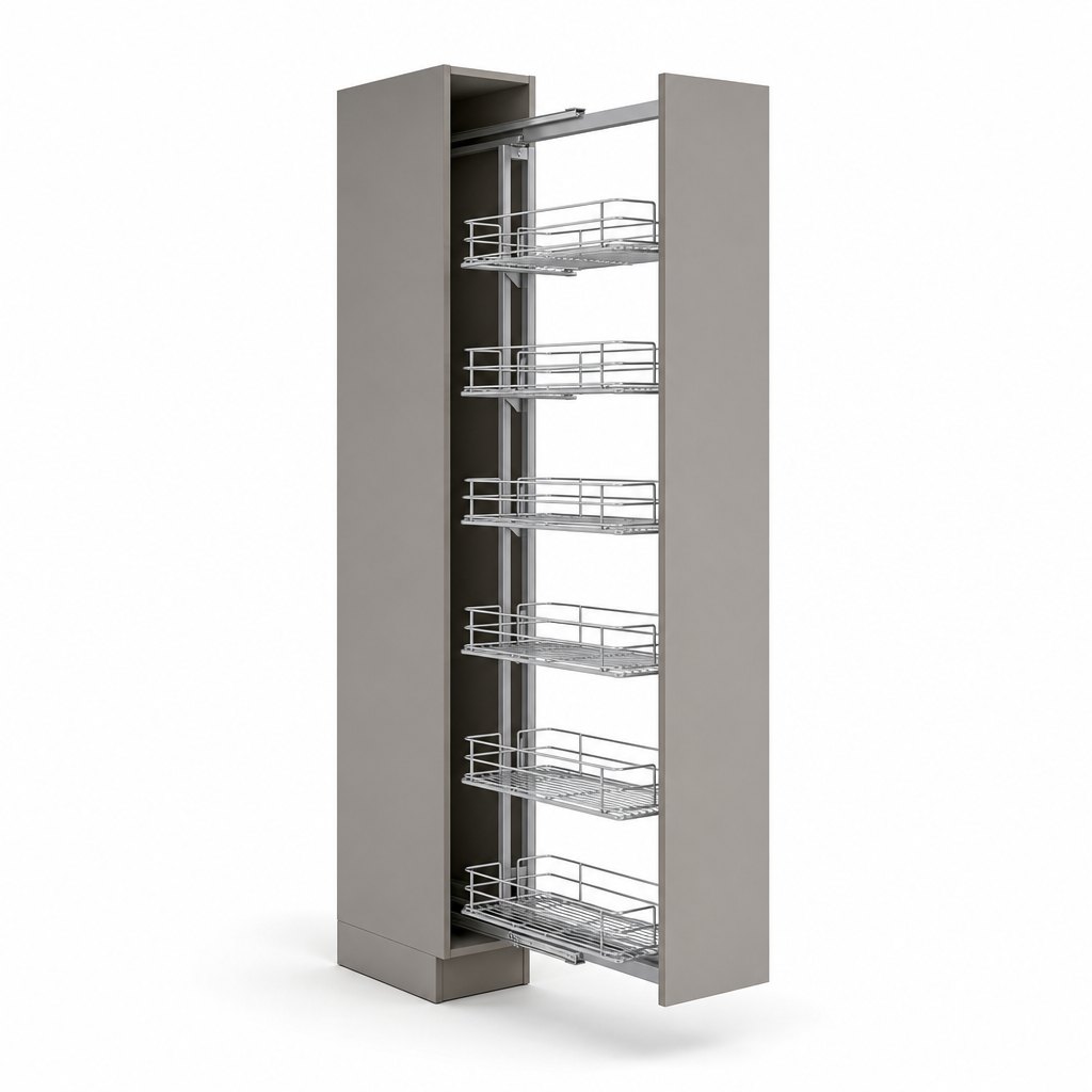 Tall Pull-Out Larder Unit — Narrow Pantry Cabinet with Soft-Close Baskets — FAME kitchen cabinet manufacturer