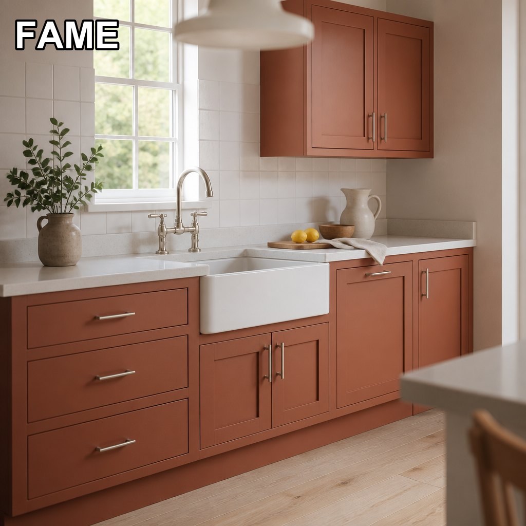 Terracotta Clay Face-Frame Shaker Kitchen — 2.25-Inch Doors on a Full-Overlay Face Frame in a real kitchen setting