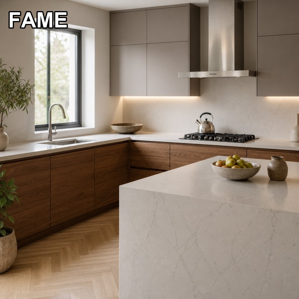 Two-Tone Handleless Kitchen — Grey Uppers, Walnut Bases, Quartz Island in a real kitchen setting