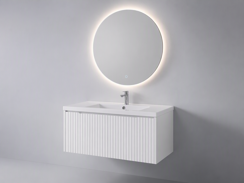 Floating white vanity with fluted front and LED backlit mirror