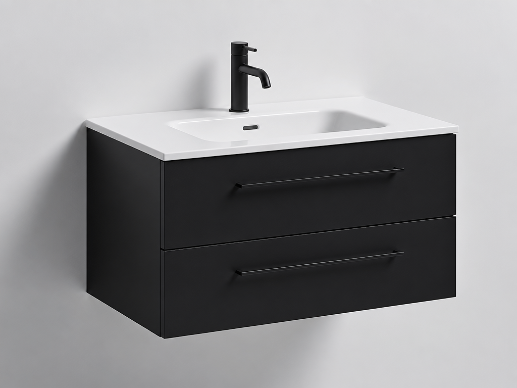 Matte black floating bathroom vanity with white basin