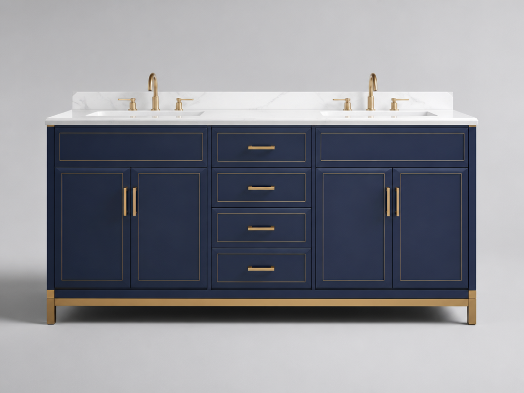 Navy blue bathroom vanity with gold handles and marble top