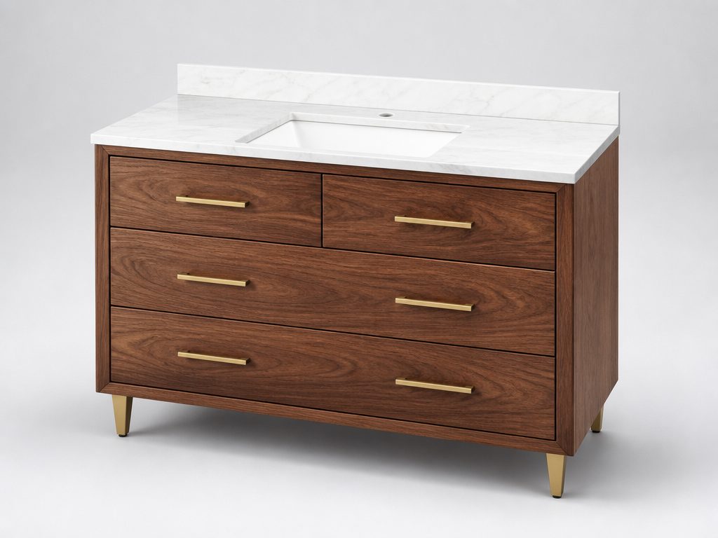 Walnut wood bathroom vanity with white marble top and brass pulls
