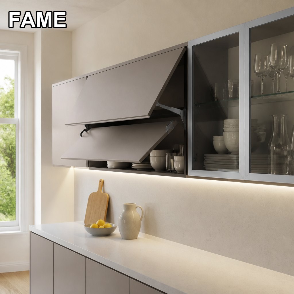 Wall & Lift-Up Kitchen Cabinets — Soft-Close Flap Doors, Glass and LED Options in a real kitchen setting