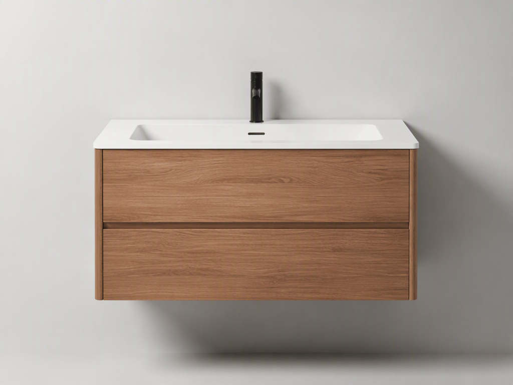 Wall mounted floating bathroom vanity in warm wood tone with matte finish