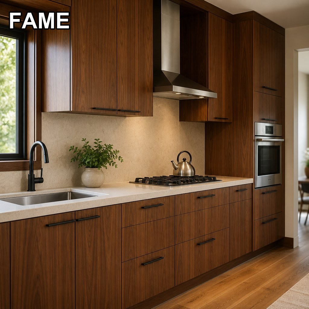 Walnut Solid-Wood Kitchen — Real Veneer, Premium Build in a real kitchen setting