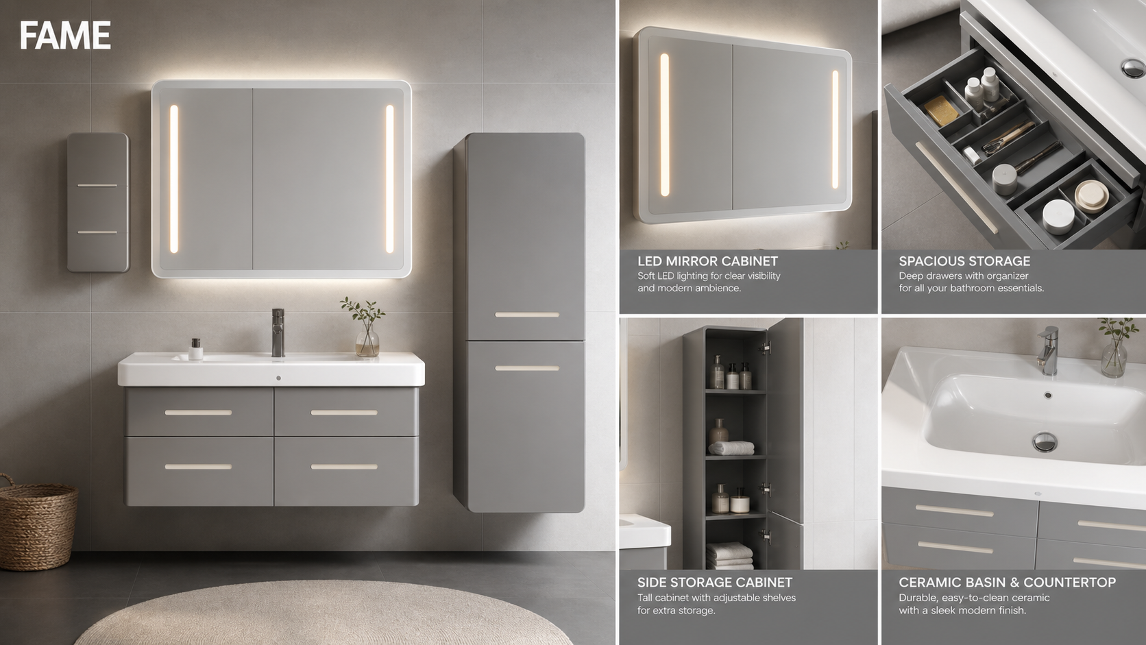 Gray White Bathroom Storage Vanity Set with Rectangular LED Mirror