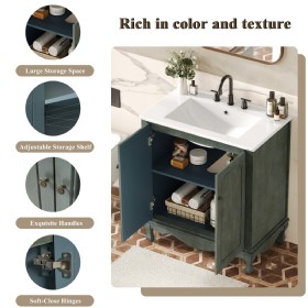 30 inch Vintage Bathroom Vanity with Rectangle Ceramic Sink, Bathroom Vanity Cabinet with Antique Handles and 2 Doors, Bathroom Storage Cabinet with Rubber Wood Legs and Adjustable shelves, Antique Blue 