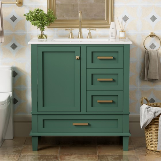 30 inch Bathroom Vanity in Green, Modern Bathroom Cabinet with Sink Combo Set, Bathroom Storage Cabinet with a Soft Closing Door and 3 Drawers, Solid Wood Frame