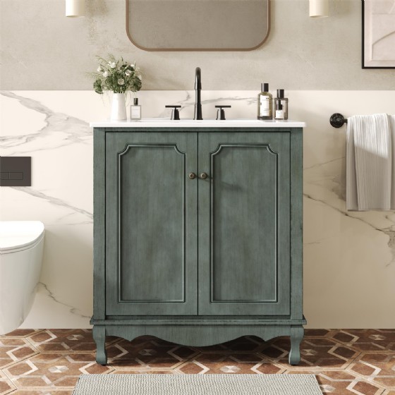 30 inch Vintage Bathroom Vanity with Rectangle Ceramic Sink, Bathroom Vanity Cabinet with Antique Handles and 2 Doors, Bathroom Storage Cabinet with Rubber Wood Legs and Adjustable shelves, Antique Blue 