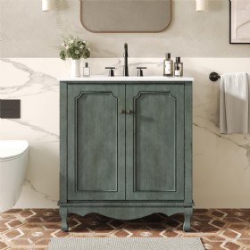 30 inch Vintage Bathroom Vanity with Rectangle Ceramic Sink, Bathroom Vanity Cabinet with Antique Handles and 2 Doors, Bathroom Storage Cabinet with Rubber Wood Legs and Adjustable shelves, Antique Blue 